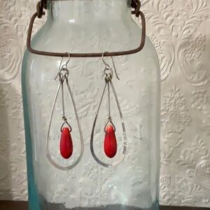 Silver and red coral dangle earrings